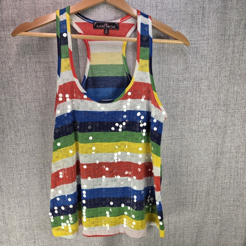 Almost Famous Rainbow Sequins Tank Top Striped Racerback Festival Pride Small